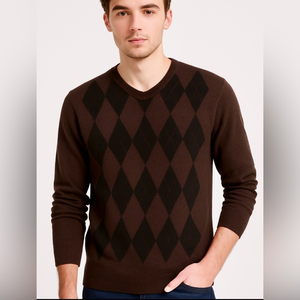 J. Ferrar Men’s Brown Argyle V-Neck Sweater Preppy Classic Cashmere Blend Medium